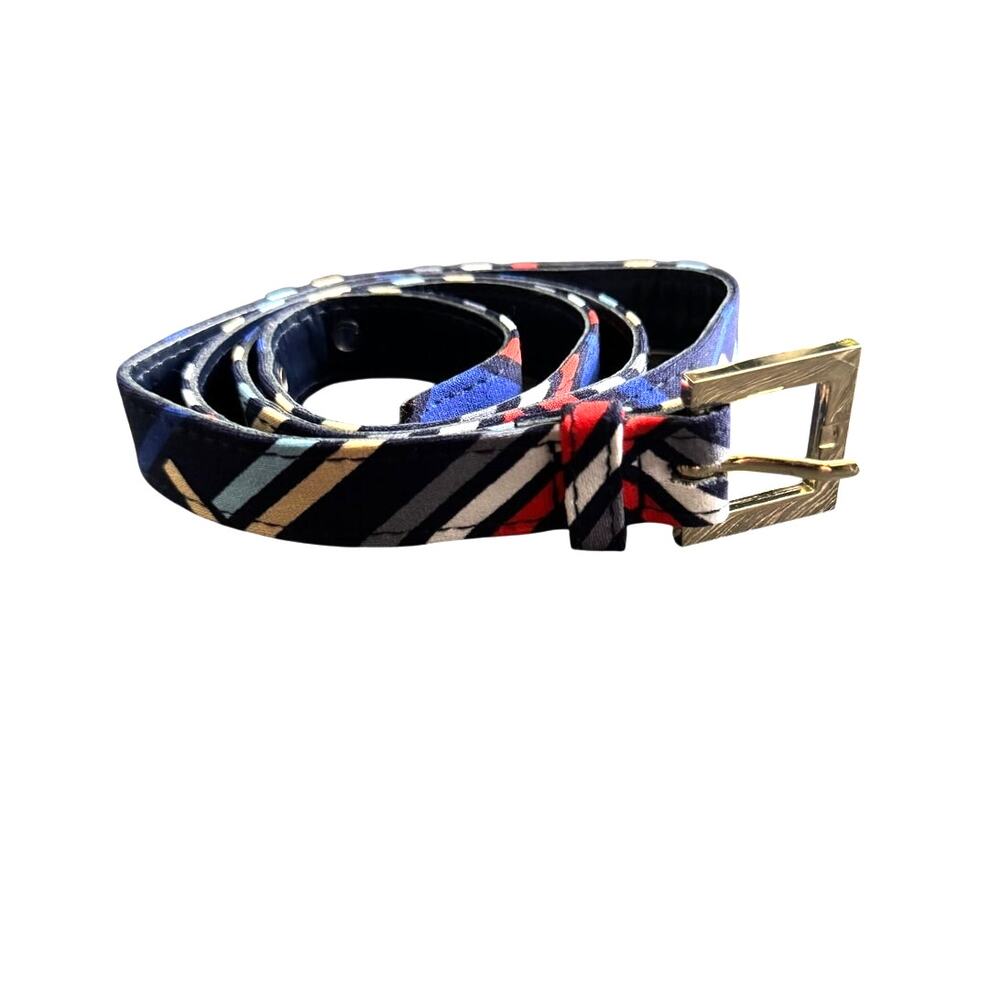 Blue Multi Color Geometric Colorful Thin Slim Womens Belt Gold Tone Buckle Sz 14 - Picture 7 of 7